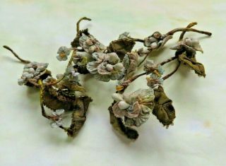 Antique French 4 Stems Small Scale Blue Ribbonwork Flowers,  Dolls