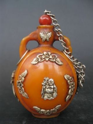 Chinese Old Hand Carved Jade Inlaid With Silver Bat & Dragon Snuff Bottle B01