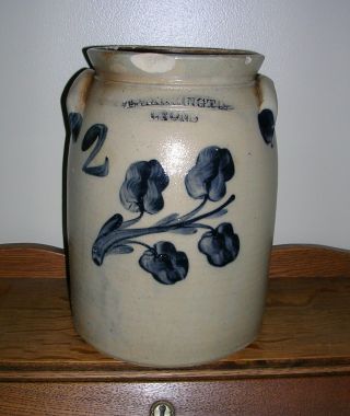 T Harrington Lyons Ny 2 Gal Crock W/ Cobalt Blue Stoneware