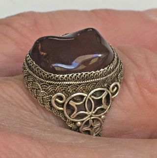 Antique Chinese Silver Filigree Freeform Carnelian Stone Ring