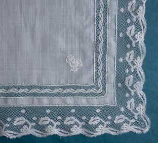 Antique Handkerchief With Monogram And Valenciennes Lace Border