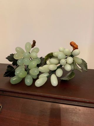 Vintage Chinese Celadon Green Jade Carved Grape Cluster With Stone Leaves Set
