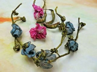Antique French Ribbonwork Flowers Pink Carnations & Blue Blossoms Swag,  Dolls