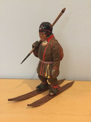 Vintage Wood Carved Skier Made In Sweden Initials Tl