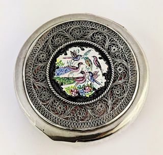 Persian Vintage White Metal & Enamel Compact Mirror C1950 