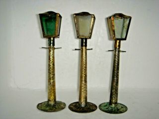 3 Early American Antique Tin Toy Christmas Doll House Street Lights Fallows 1897