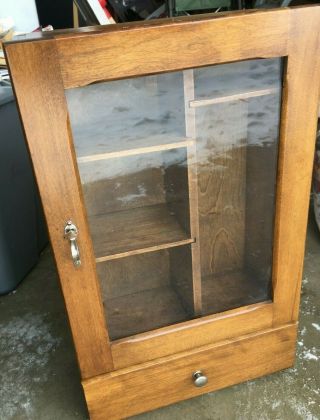 Antique Oak Spice Kitchen Bathroom Wall Cabinet Cupboard Wavy Glass Door Drawer