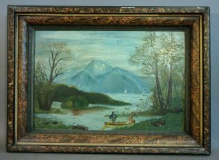 Ca.  1910 Antique Hrv Primitive Old River Valley Sailboat Landscape Painting Frame