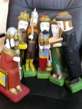 Vtg Hand Carved & Painted Medieval Style Celtic King Wood Sculpture All 6