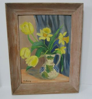 Vintage Primitive Oil Painting On Board Vase Of Flowers Signed M Craig Folk Art
