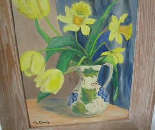 Vintage Primitive Oil Painting on Board Vase of Flowers Signed M Craig Folk Art 2