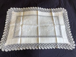 Edwardian Vintage White Linen Butlers Tray Cloth Crocheted Edging & Embroidery