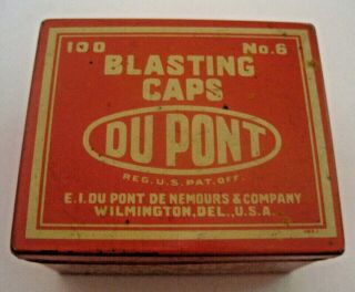 Vintage Dupont Mining Blasting Caps Advertising Empty Tin Box Can Great Shape