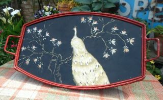 Vintage Art Deco Cocktail Tray Red Wicker & Black Glass Peacock Foil Decoration