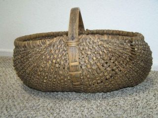 Antique Folk Art Primitive Kidney Bean Shaped Oak Splint Gathering Basket Old