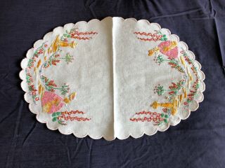 Vintage Crinoline Lady Hand Embroidered Cream Cotton Table Centrepiece / Doily