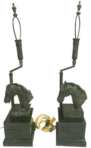 RARE MAITLAND SMITH HORSE HEAD LAMPS IN VEDIGRIS PATINA ON BLACK PENSHELL BASE 2