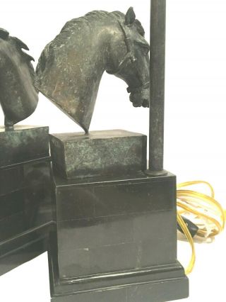 RARE MAITLAND SMITH HORSE HEAD LAMPS IN VEDIGRIS PATINA ON BLACK PENSHELL BASE 4