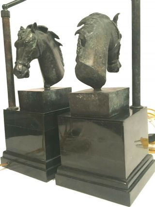 RARE MAITLAND SMITH HORSE HEAD LAMPS IN VEDIGRIS PATINA ON BLACK PENSHELL BASE 5