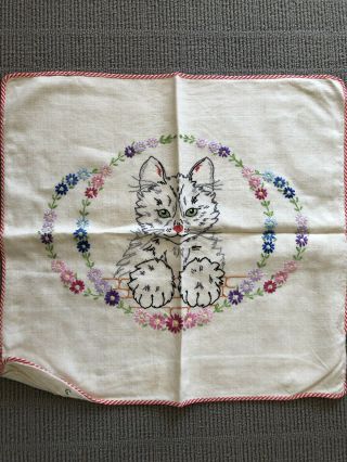 Gorgeous Vintage Hand Made Embroidered Kitten Cat Pillow/cusion Cover Linen