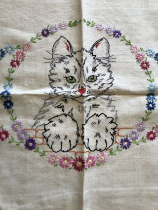 Gorgeous Vintage Hand Made Embroidered Kitten Cat Pillow/Cusion Cover Linen 2