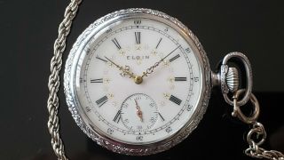 1917 Antique Ornate Elgin Pocket Watch W/ Fancy Enameled Dial,  Sp Chain