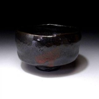 VL9: Japanese Pottery tea bowl,  Raku ware with Signed wooden box,  Black & Red 2