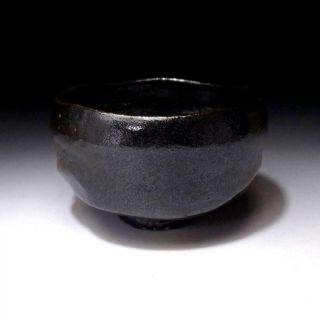 VL9: Japanese Pottery tea bowl,  Raku ware with Signed wooden box,  Black & Red 3