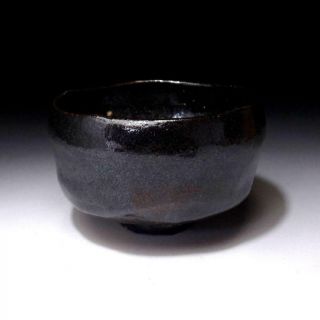 VL9: Japanese Pottery tea bowl,  Raku ware with Signed wooden box,  Black & Red 4