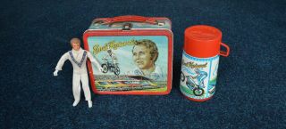 Vintage Evel Knievel Metal Lunchbox & Thermos - 1974 Aladdin.  Plus Evel Doll