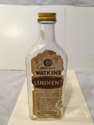 Vtg Watkins Liniment Apothecary Medicine Glass Bottle With Paper Label