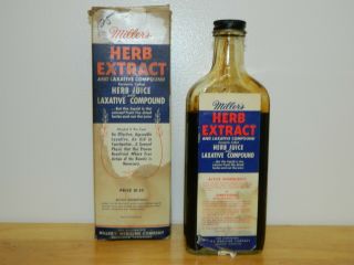 Vtg Drugstore Pharmacy Medicine Glass Bottle Millers Herb Extract Laxative Juice