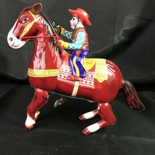 Vintage Haji Tin Litho Wind - Up Western Hero Horse & Cowboy Japan