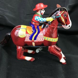 Vintage Haji Tin Litho Wind - up Western Hero Horse & Cowboy Japan 4