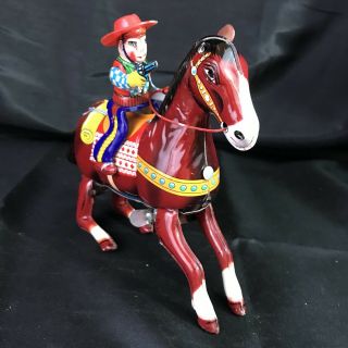 Vintage Haji Tin Litho Wind - up Western Hero Horse & Cowboy Japan 5