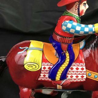 Vintage Haji Tin Litho Wind - up Western Hero Horse & Cowboy Japan 7
