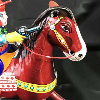 Vintage Haji Tin Litho Wind - up Western Hero Horse & Cowboy Japan 8
