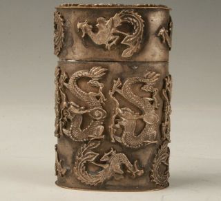 Chinese Tibetan Silver Toothpick Box Hollowed - Out Dragon Handicraft Home Gift M