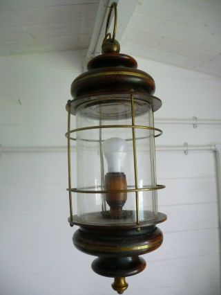Vintage Huge Wood Brass,  Glass Lantern With Ceiling Hook Nautical Style ? Project