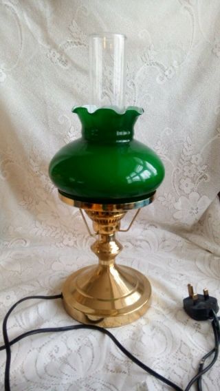 Vintage Brass Electric Oil Lamp With Green Glass Shade Pat
