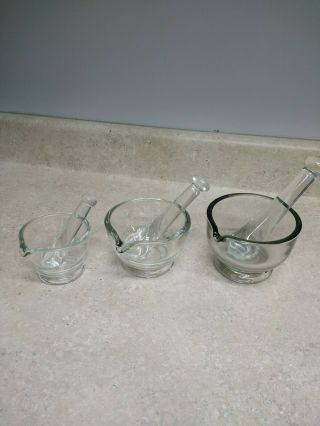 Mortar And Pestles Vintage Clear Glass Set.  Set Of 3 - 2oz. ,  4 Oz.  And 8 Oz.
