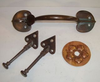 Antique Arts Crafts Cast Brass Bronze Door Handle Voysey Type & Pegs Coat Hooks