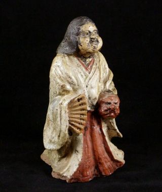 Antique Japanese Noh Figurine W/ Oni Tengu Mask & Fan Glazed Ceramic Marked 7.  5 "