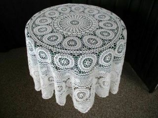 Vintage Round Tablecloth - All Hand Crochet - White - 62 " Dia