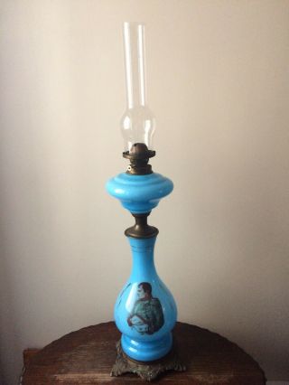 Antique Very Large Blue Glass Baluster Form Oil Lamp Cristal Lampe Belge No1