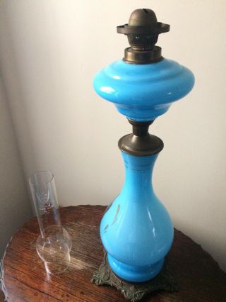 antique very large blue glass baluster form oil lamp Cristal Lampe Belge No1 7