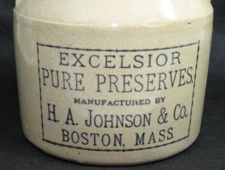 ANTIQUE STONEWARE CROCK 1895 EXCELSIOR PURE PRESERVES H.  A.  JOHNSON & Co.  BOSTON 2
