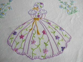 Vintage Tablecloth - Crinoline Lady & Flowers - Hand Embroidered - Linen