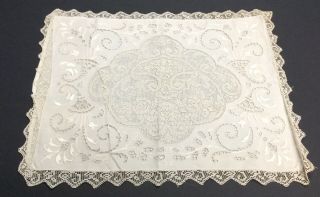 Antique Handkerchief Linen Lace Cutwork Embroidered Fillet Pillow Sham Pearl
