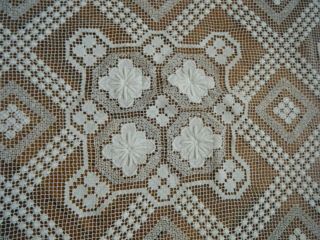 19c Old Antique Tablecloth Lacis Filet Lace Raised Flowers Deco Square 45x45 "